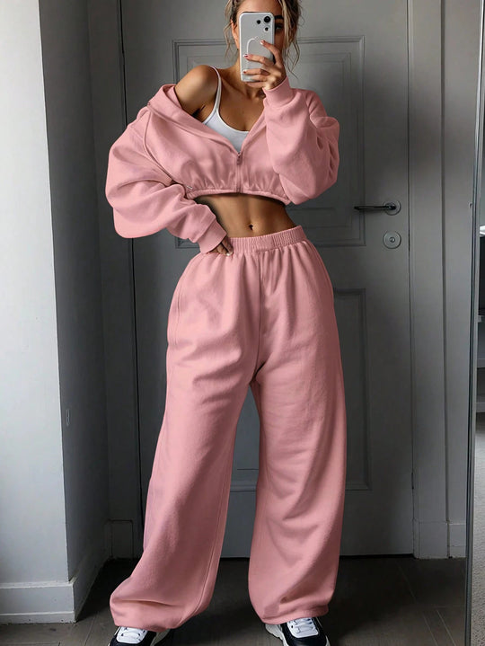 Damen Cropped Hoodie und lässige Sweatpants mit elastischem Bund R&B