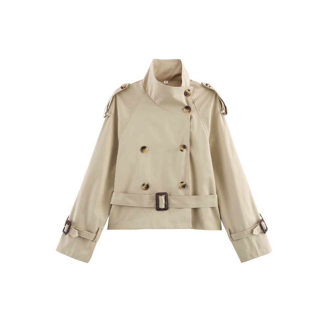 Damen modischer Trenchcoat mit hoch geschlossenem Kragen und praktischen Schulterriegeln R&B