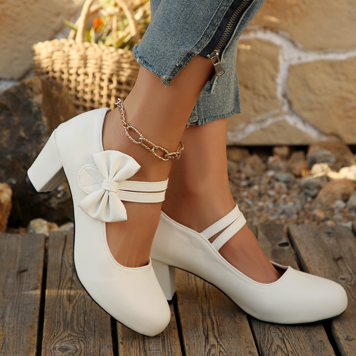 Damen Mary Jane Pumps mit modischer Schleifenapplikation und glänzender Oberfläche R&B