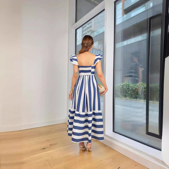 Damen Maxi-Kleid mit verspieltem Streifenmuster und Rüschendetails R&B