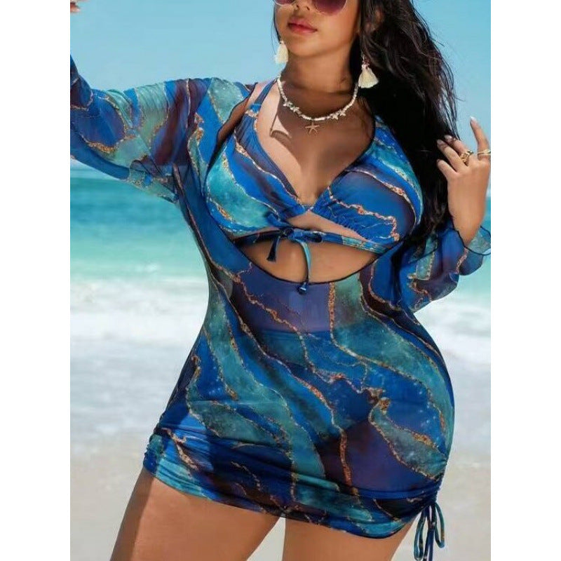 Damen Strandkleid mit transparenten Einsätzen und modischem Wickel-Design R&B