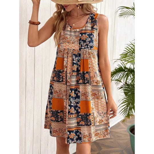 Damen Freizeitleinenkleid mit buntem Patchwork-Design R&B