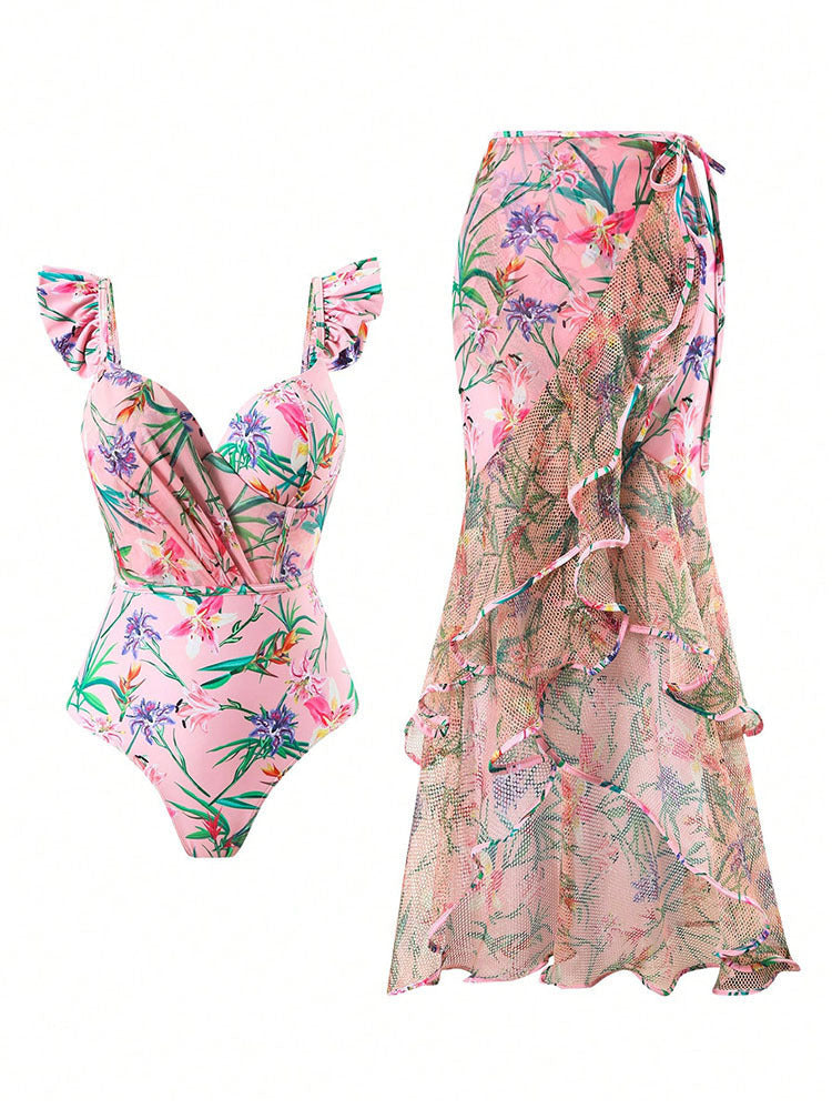 Damen Einteiler Badeanzug mit Rüschendetails und floralem Wickelrock R&B