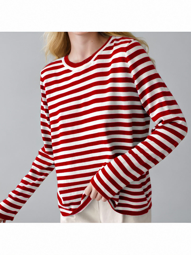Damen gestreifter Langarmpullover mit Rundhalsausschnitt und lässigem Schnitt R&B