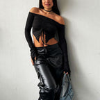 Damen Kapuzen Crop-Oberteil mit weitem Ärmel und Kordelzug EB