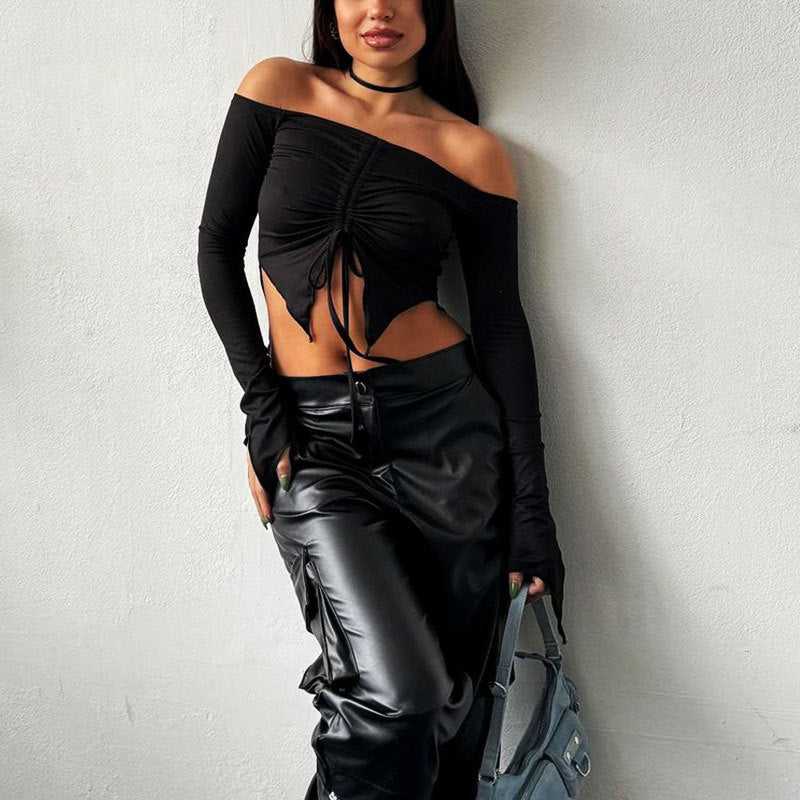 Damen Kapuzen Crop-Oberteil mit weitem Ärmel und Kordelzug EB