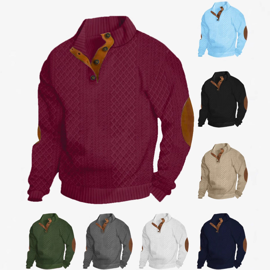 Herren nan Grobstrickpullover mit Stehkragen Lederbesatz und Ellenbogenauflagen R&B