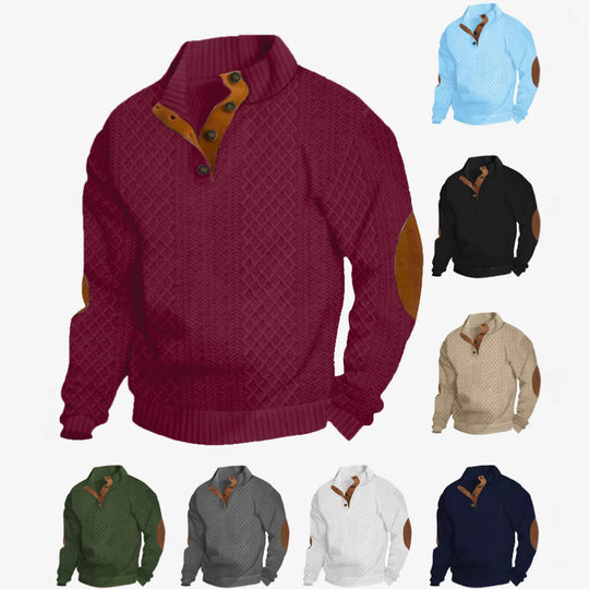 Herren nan Grobstrickpullover mit Stehkragen Lederbesatz und Ellenbogenauflagen R&B