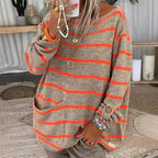 Damen Oversized Strickpullover mit eleganten Streifen und praktischen Taschen R&B