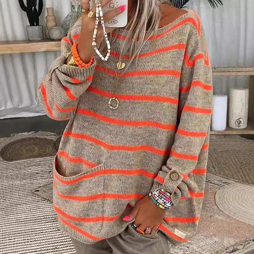 Damen Oversized Strickpullover mit eleganten Streifen und praktischen Taschen R&B