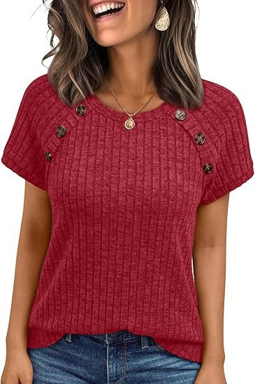 Damen lässiges Rippenstrick-T-Shirt mit Knöpfen R&B
