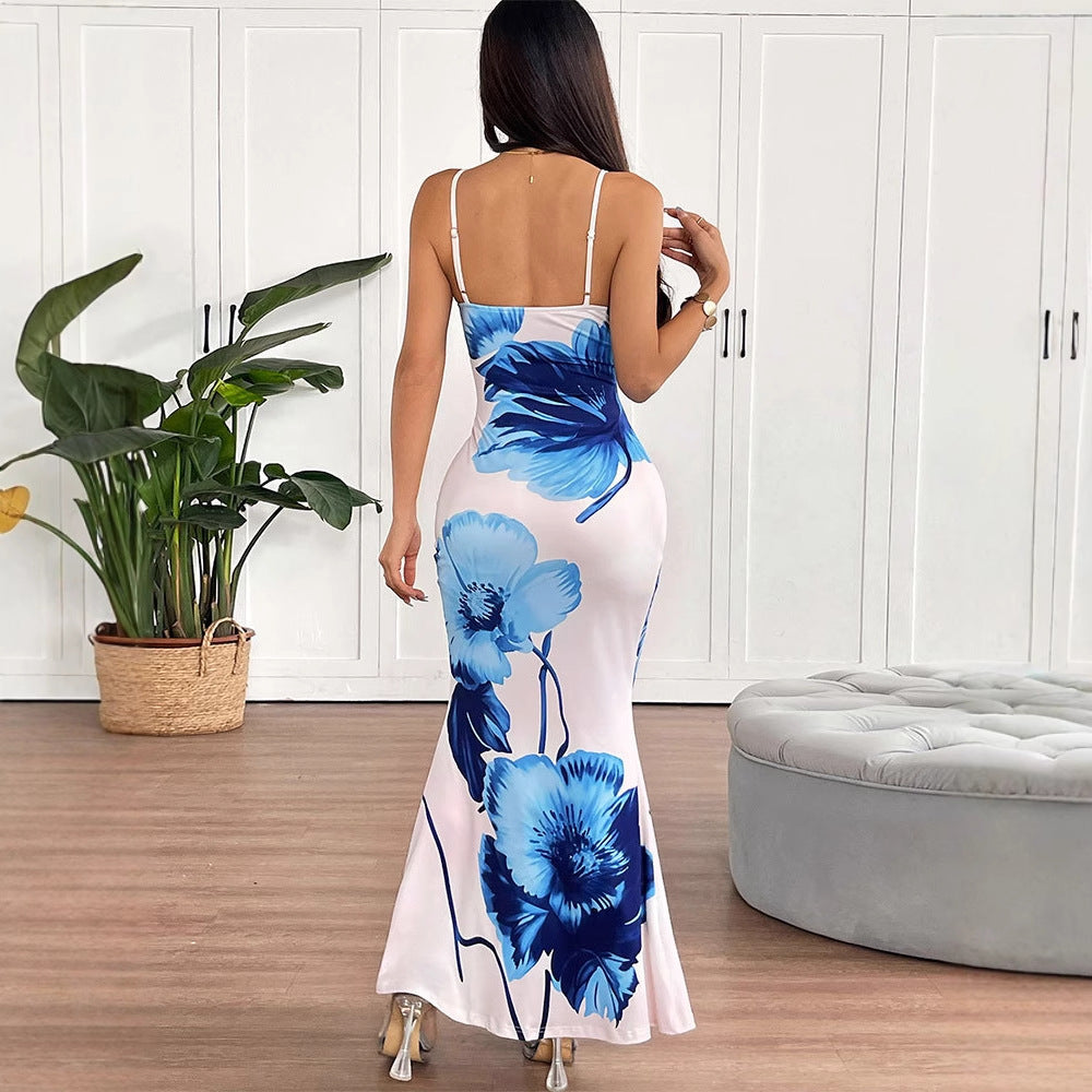 Damen Floral Maxikleid mit zarten Spaghetti-Trägern und figurbetontem Schnitt R&B