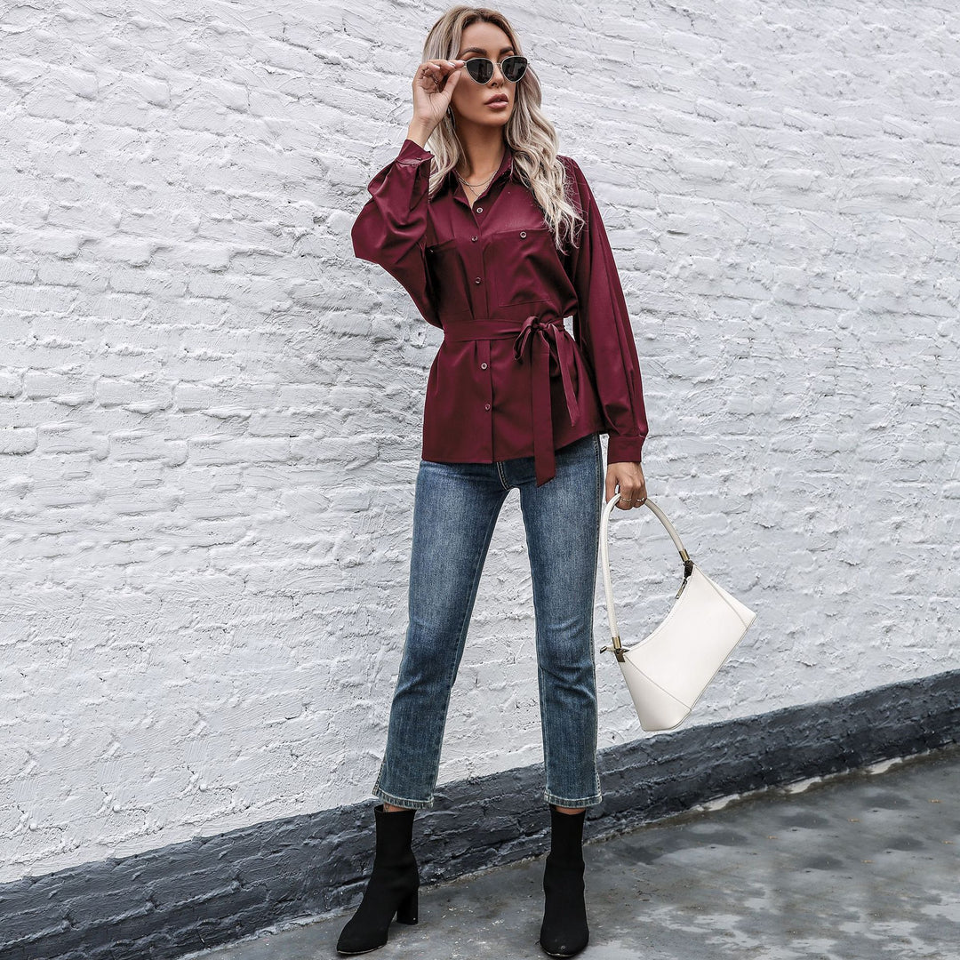 Damen Elegantes Hemdblusenshirt mit Taillengürtel und hochwertigem Satin Material R&B