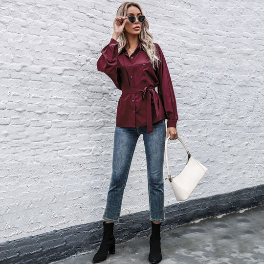 Damen Elegantes Hemdblusenshirt mit Taillengürtel und hochwertigem Satin Material R&B