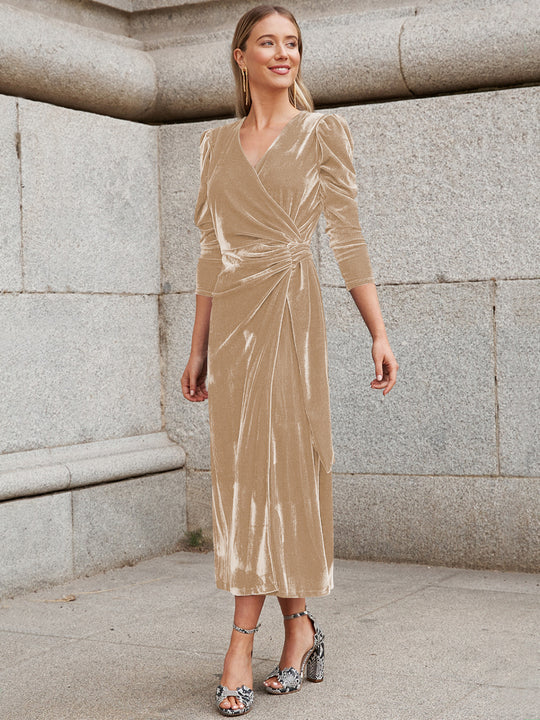 Damen Elegantes Wickelkleid mit Puffärmeln und Goldakzenten R&B