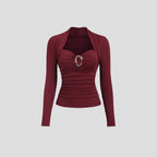 Damen nan figurbetontes Raffung-Top mit herzförmigem Dekolleté, Bustier-Optik und goldener Schmuckklemme R&B