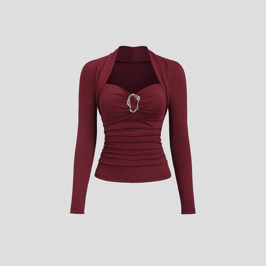 Damen nan figurbetontes Raffung-Top mit herzförmigem Dekolleté, Bustier-Optik und goldener Schmuckklemme R&B