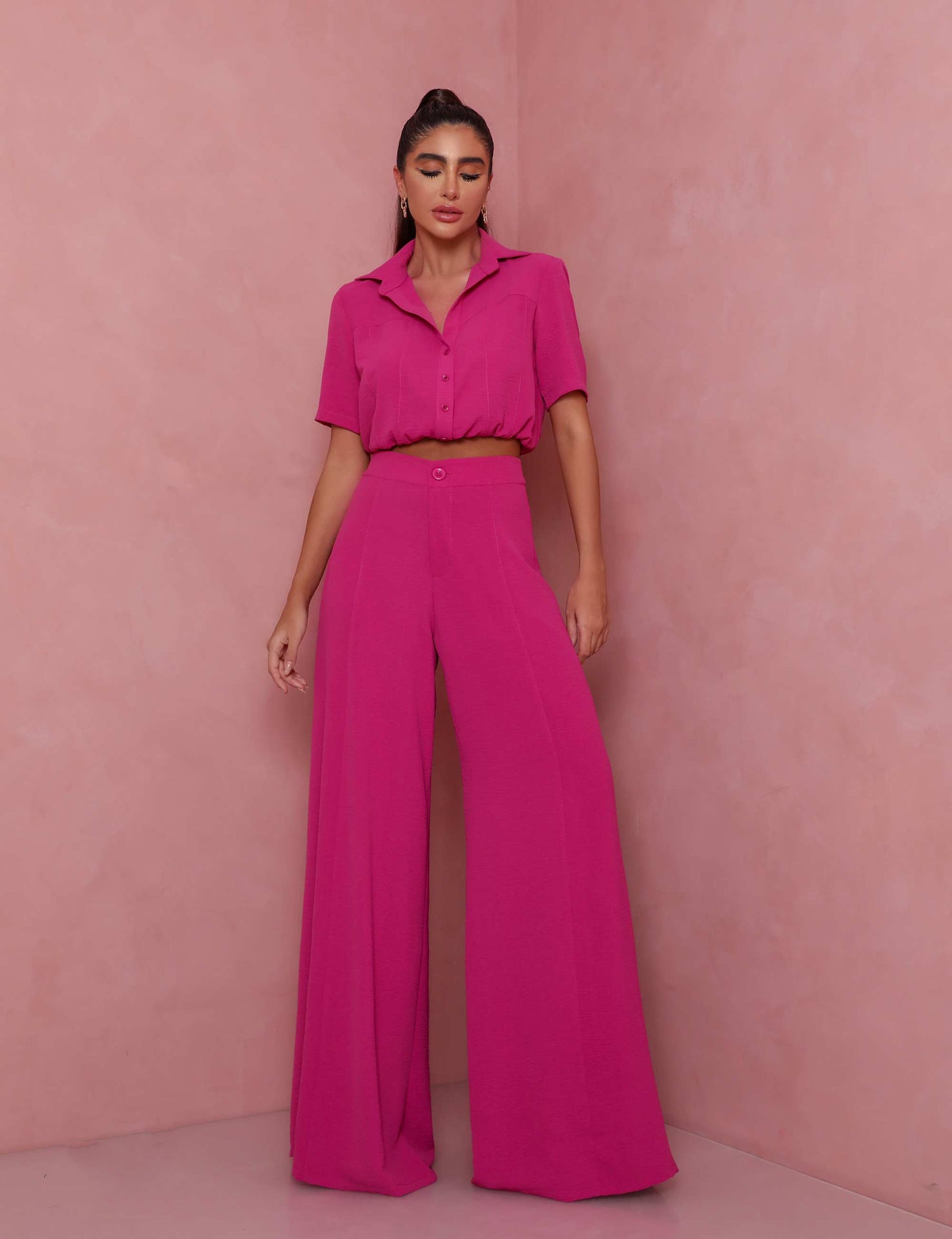 Damen Elegantes Kurzarm-Blusen und Palazzo-Hosen-Ensemble R&B