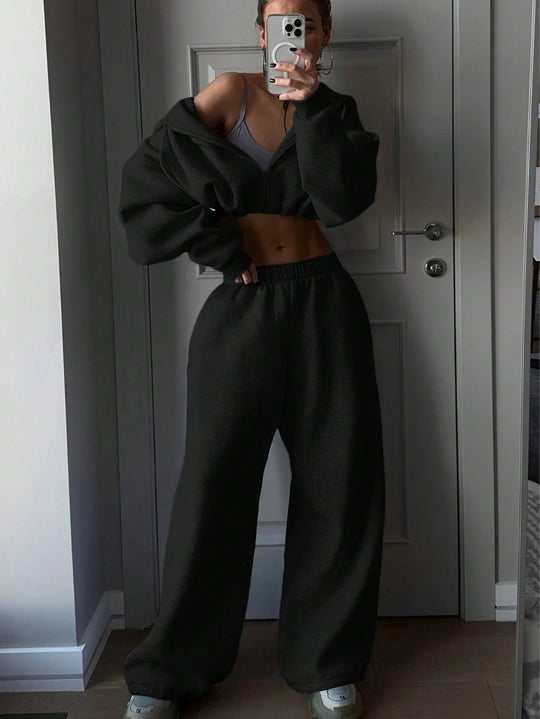 Damen Cropped Hoodie und lässige Sweatpants mit elastischem Bund R&B