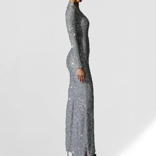 Damen Elegantes Glitzer-Maxikleid mit hohem Schlitz und langen Ärmeln R&B