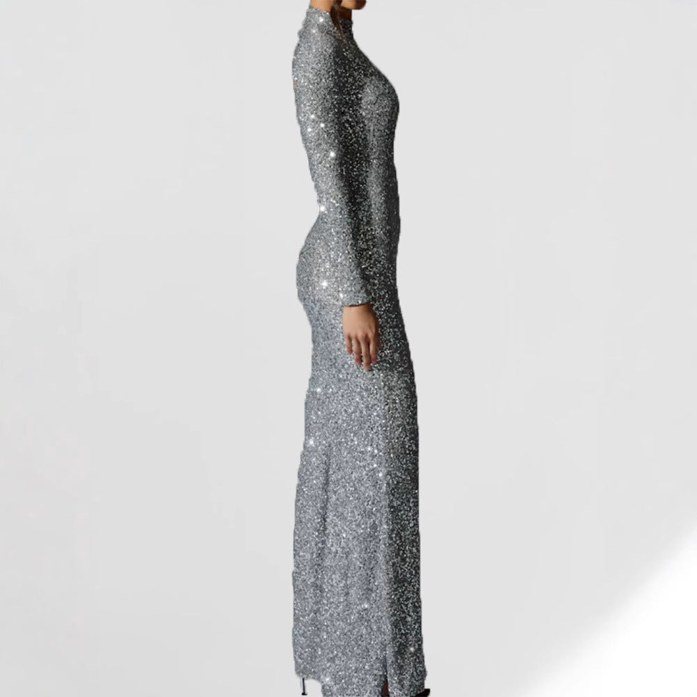 Damen Glamouröses Abendkleid mit langem Arm und schimmerndem Schlitz R&B