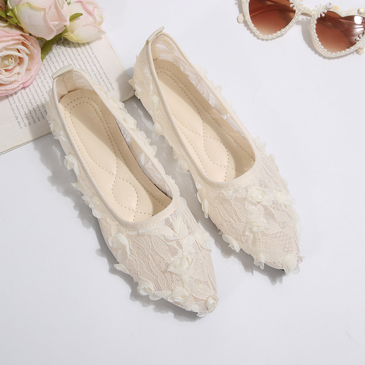 Damen elegante Ballerinas mit floralem Spitzen-Design R&B
