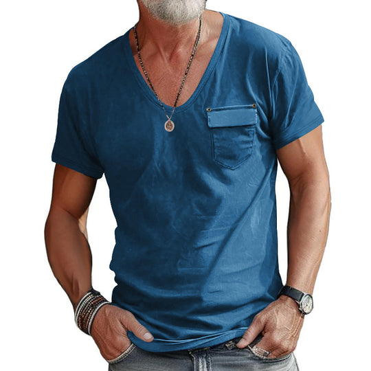 Herren V-Ausschnitt T-Shirt mit dekorativer Brusttasche und attraktiver Struktur R&B
