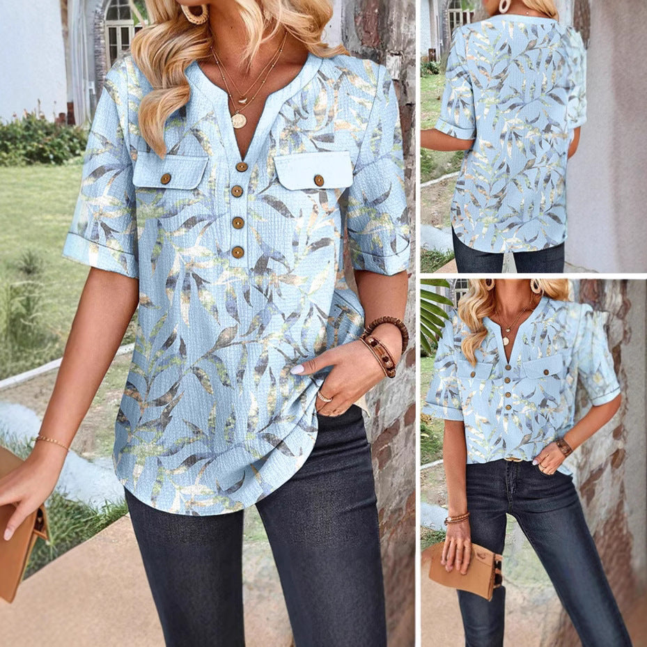 Damen Bluse mit floralen Akzenten und praktischen Brusttaschen Heidi-Mode