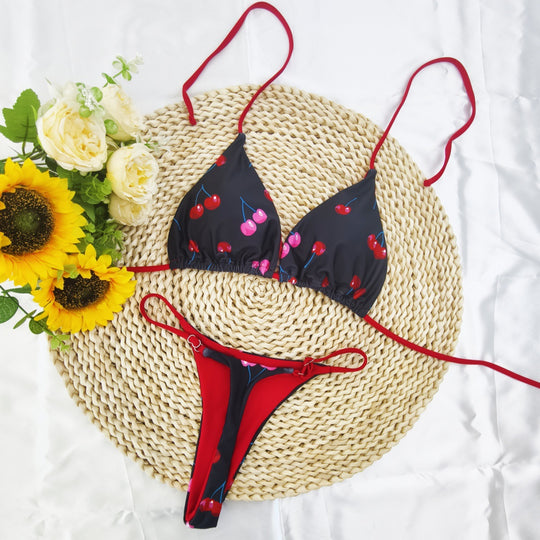Damen Triangel-Bikini-Set mit fröhlichem Kirschmuster und verstellbaren Trägern R&B