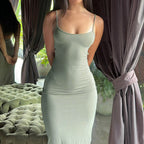 Damen elegantes, figurbetontes Midi-Kleid mit feinen Spaghettiträgern R&B