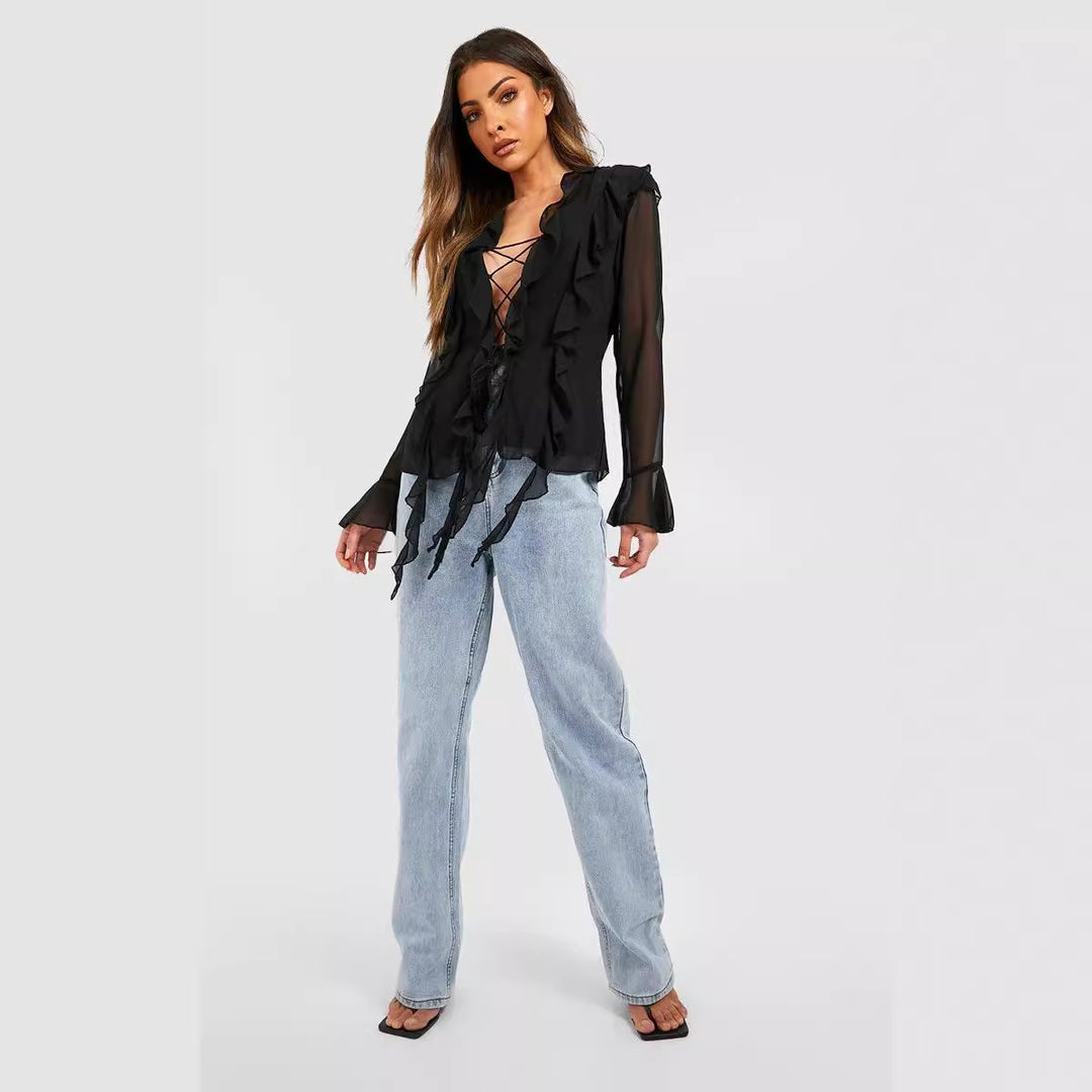 Damen Rüschenshirt mit eleganten Schnürdetails und transparenten Ärmeln R&B