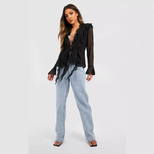 Damen Rüschenshirt mit eleganten Schnürdetails und transparenten Ärmeln R&B