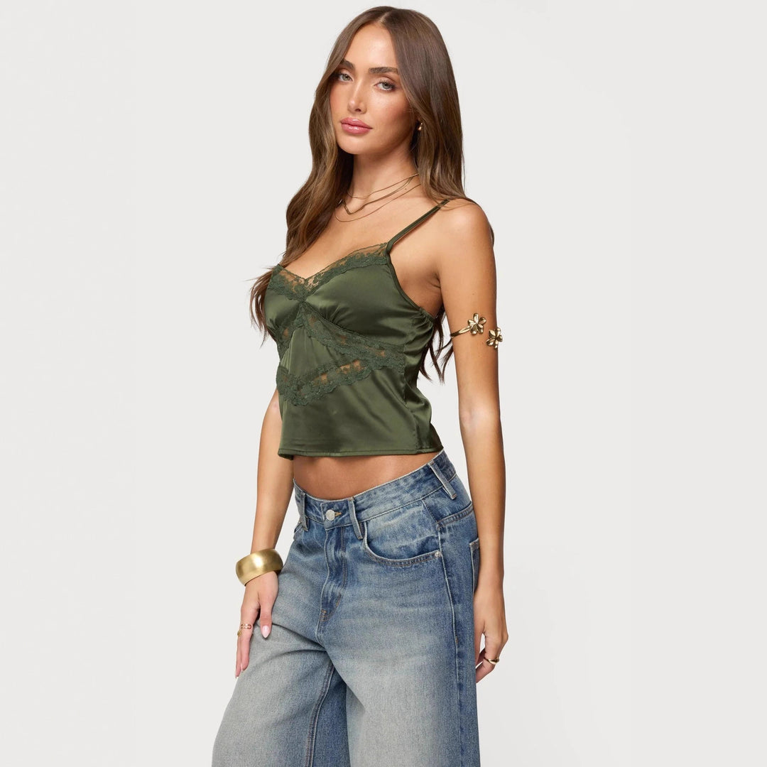 Damen Elegantes Satin-Cami-Top mit Spitzenverzierungen R&B