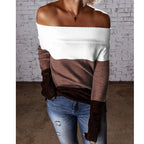 Damen schulterfreier Strickpullover mit modernem Farbblockdesign R&B