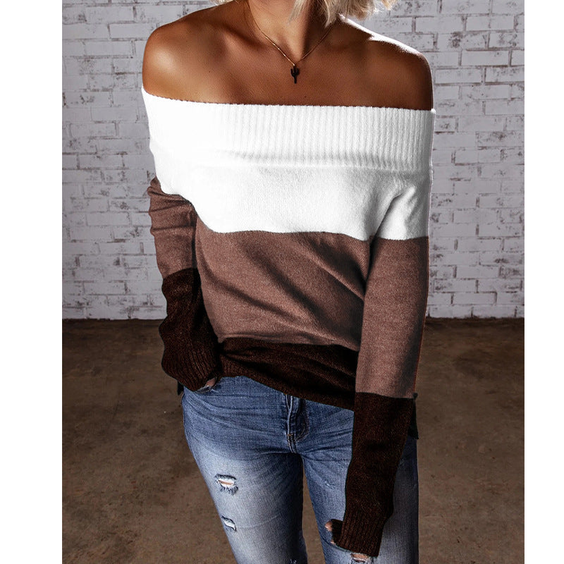 Damen schulterfreier Strickpullover mit modernem Farbblockdesign R&B