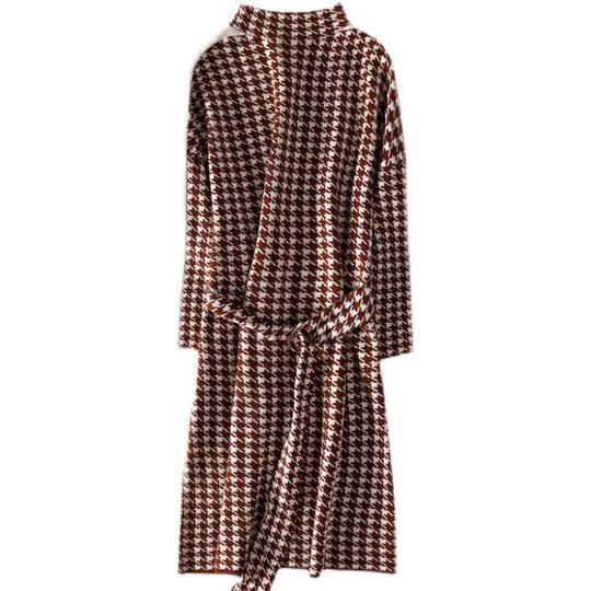 Damen elegantes Kleid mit modernem Hahnentrittmuster und Gürtel R&B