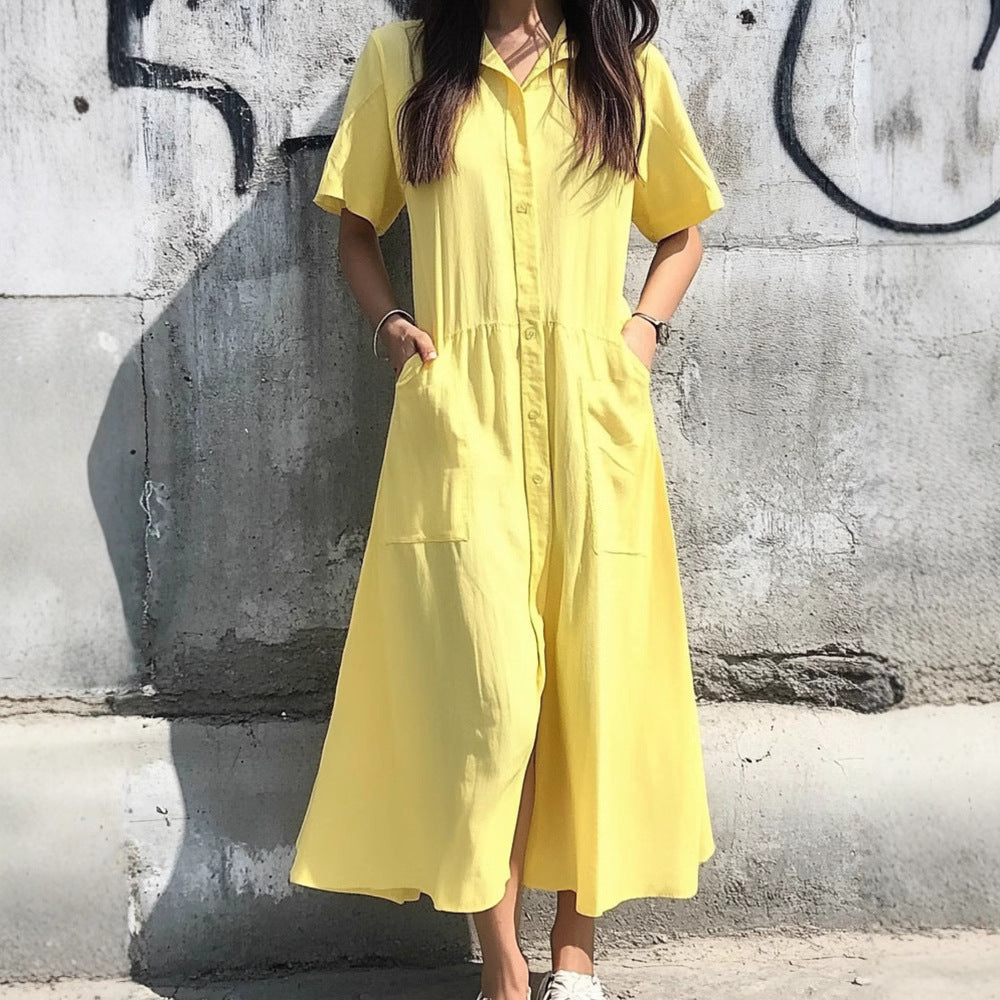 Damen Hemdkleid mit Taschen und knöpfbarem Design R&B