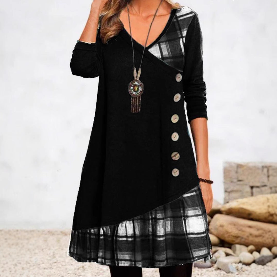 Damen nan asymmetrisches V-Ausschnitt-Tunika-Kleid mit Zierknopfleiste und Animalprint-Besatz R&B