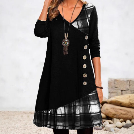 Damen nan asymmetrisches V-Ausschnitt-Tunika-Kleid mit Zierknopfleiste und Animalprint-Besatz R&B