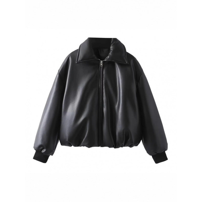 Damen lässige Boxy-Jacke aus weichem Kunstleder mit elastischem Bund R&B