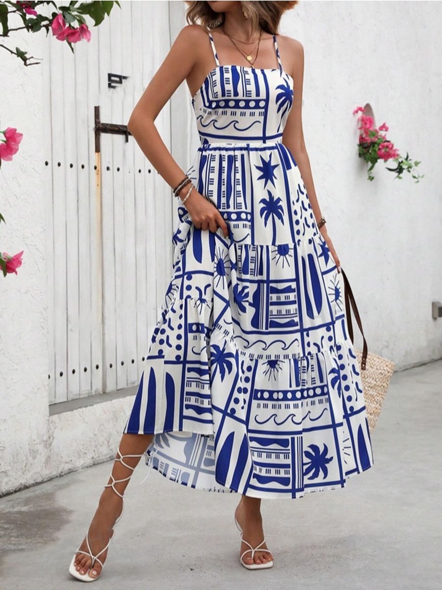 Damen Maxikleid mit angesagtem Grafikdruck und verstellbaren Spaghettiträgern R&B
