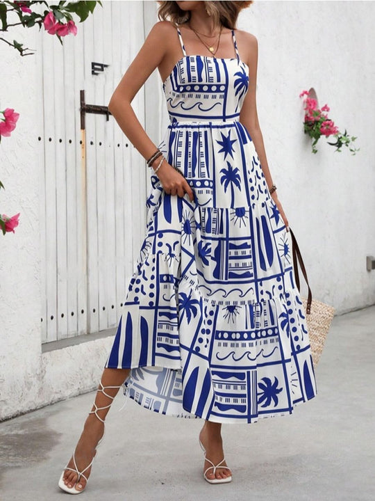 Damen Maxikleid mit angesagtem Grafikdruck und verstellbaren Spaghettiträgern R&B