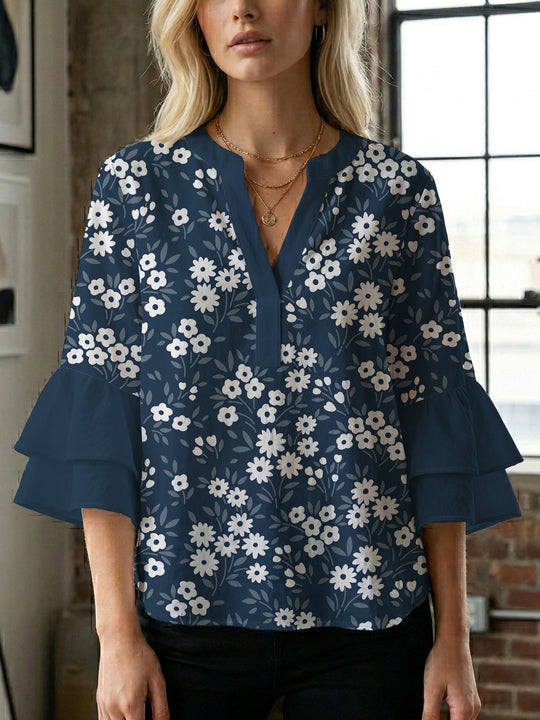 Damen Bluse mit voluminösen Ärmeln und floralem Design R&B