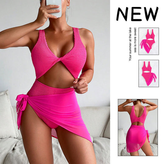 Damen Einteiler Badeanzug mit kreativen Cut-Outs und stilvollem Wickelrock R&B