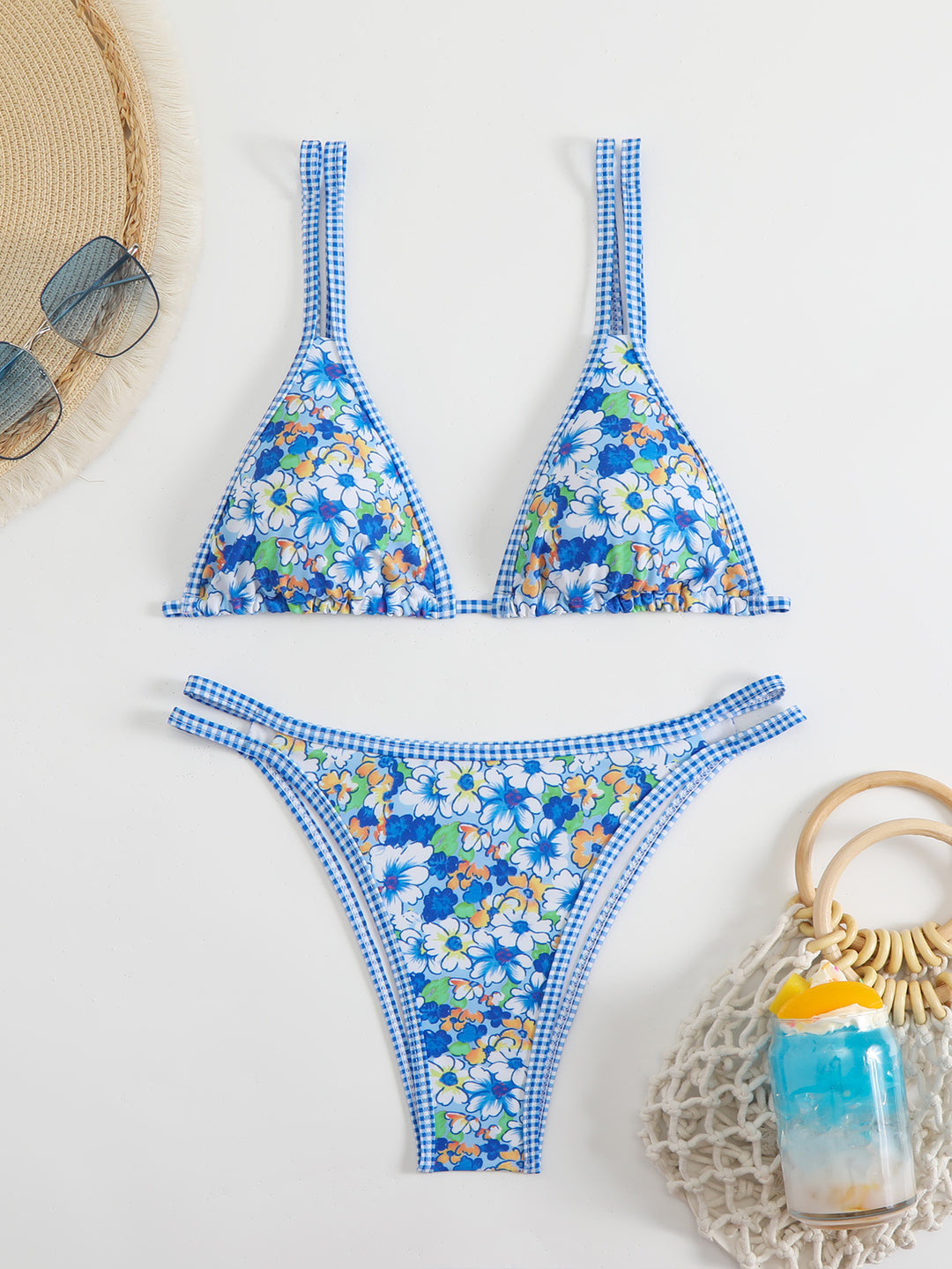 Damen Triangel-Bikini-Set mit verstellbaren Trägern und floralem Muster R&B