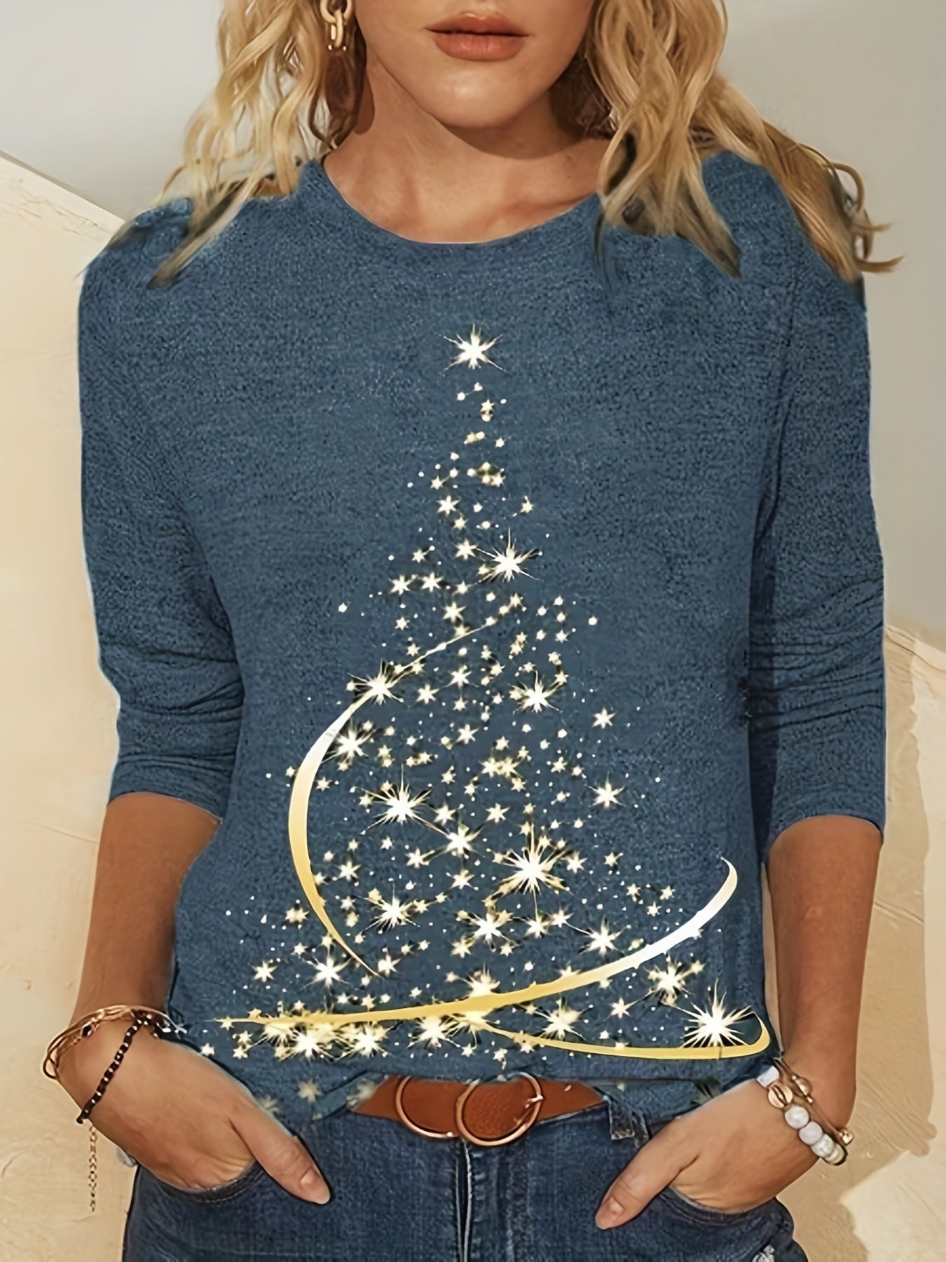 Damen lässiges Langarmshirt mit festlichem Weihnachtsbaumdesign