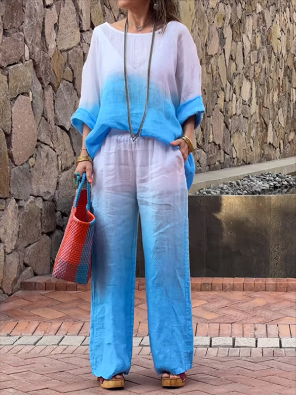 Damen lässiges Leinen-Outfit mit weiten Hosen und lockerer Bluse R&B