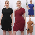 Damen elegantes Kurzarm-Kleid mit seitlichem Schlitz R&B