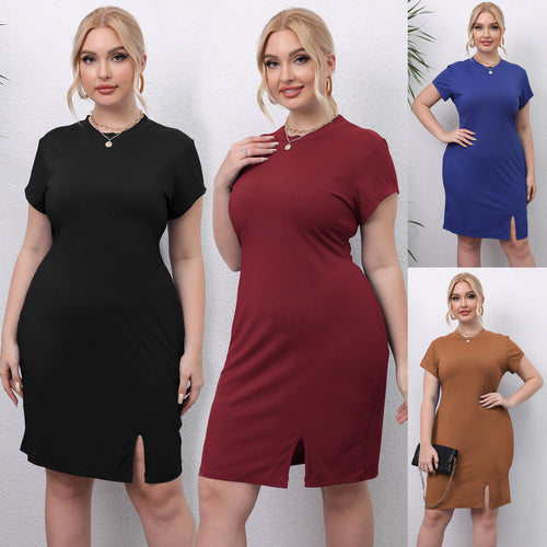 Damen elegantes Kurzarm-Kleid mit seitlichem Schlitz R&B