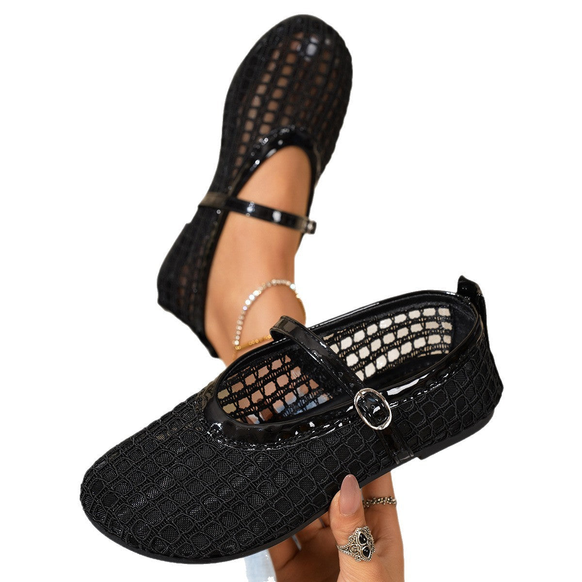 Damen Ballerinas mit eleganter Schnallenapplikation und atmungsaktiver Netzstruktur R&B